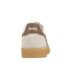 Rear view of a cream and brown Gola trainer with a gum rubber sole