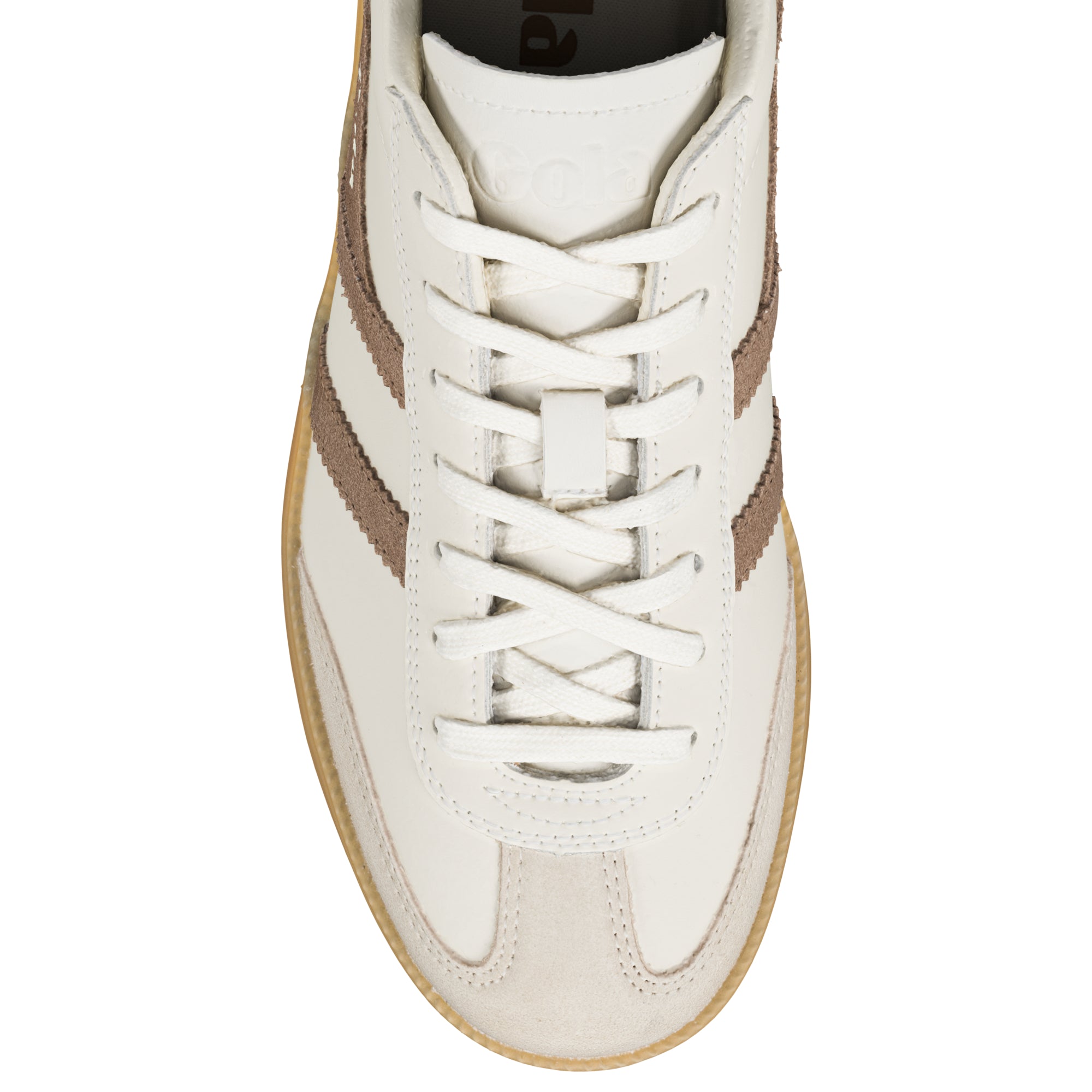 Top view of a cream leather trainer with brown suede stripes and a gum sole