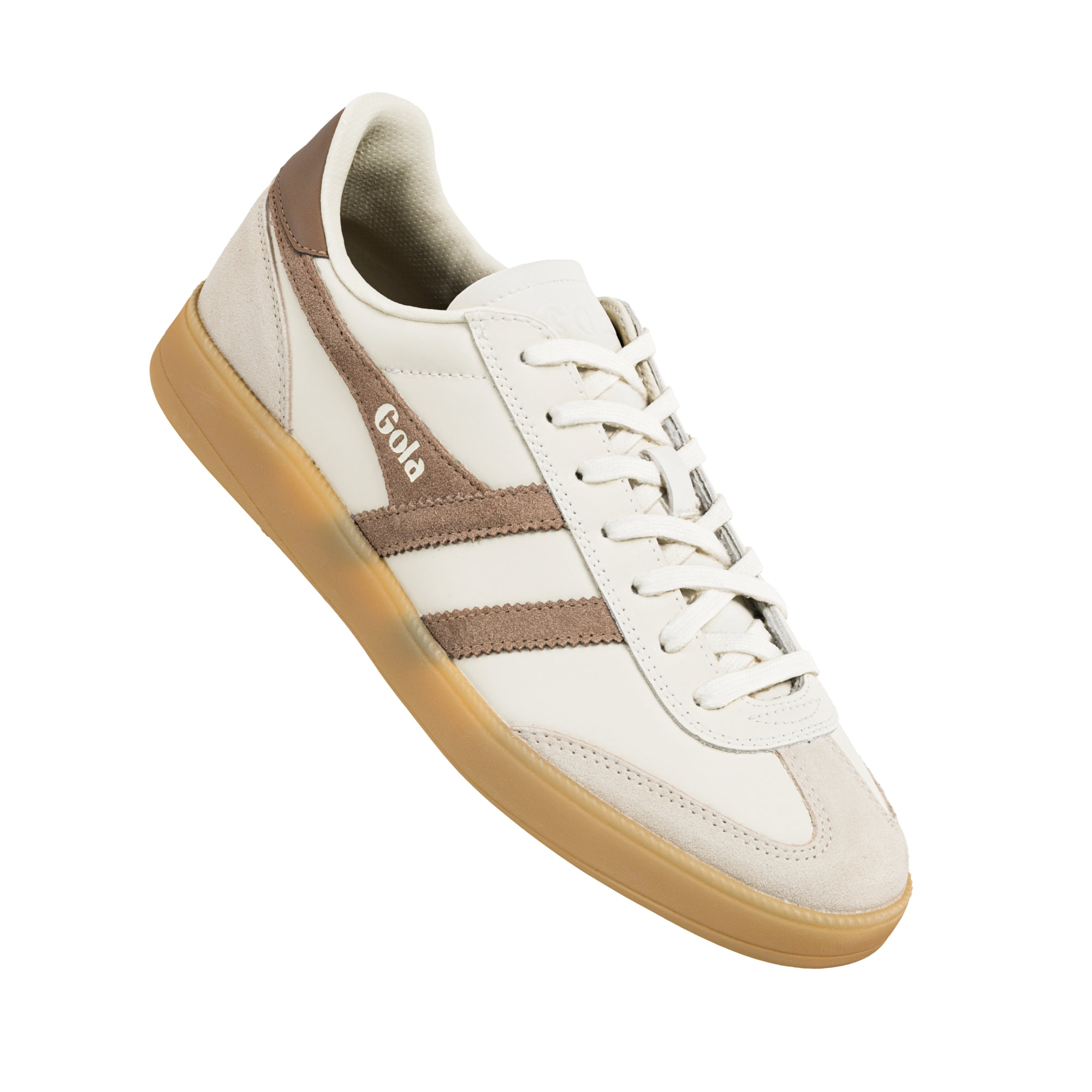 Off-white Gola trainer with brown suede side stripes and a gum rubber sole
