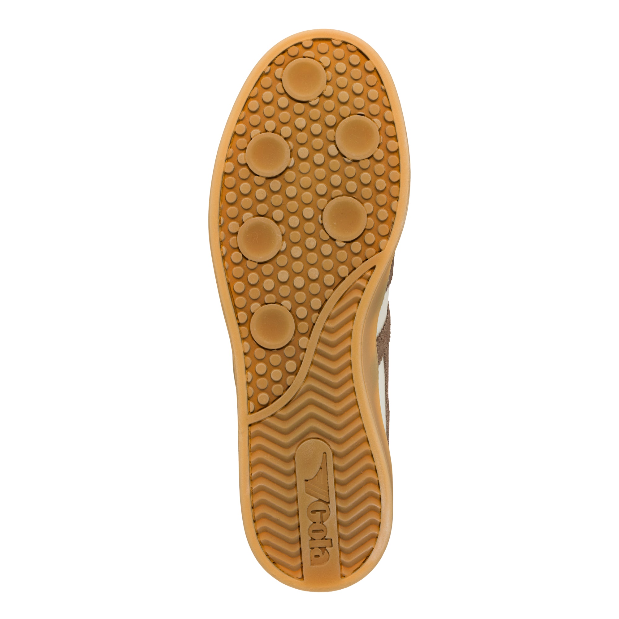 Brown rubber trainer sole with circular grip pattern and Gola branding