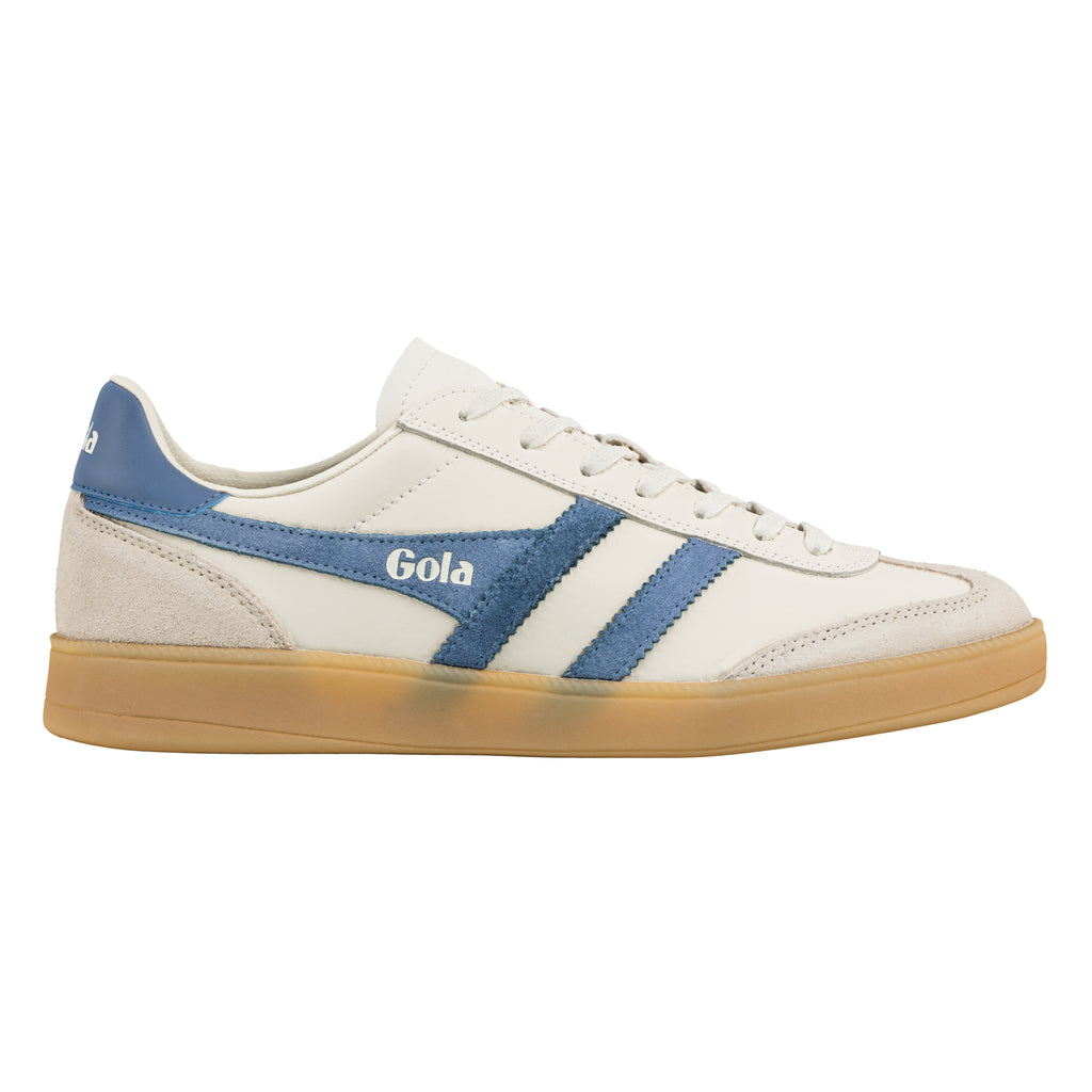 Off white Gola trainer with blue suede side stripes and gum sole