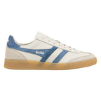 Off white Gola trainer with blue suede side stripes and gum sole