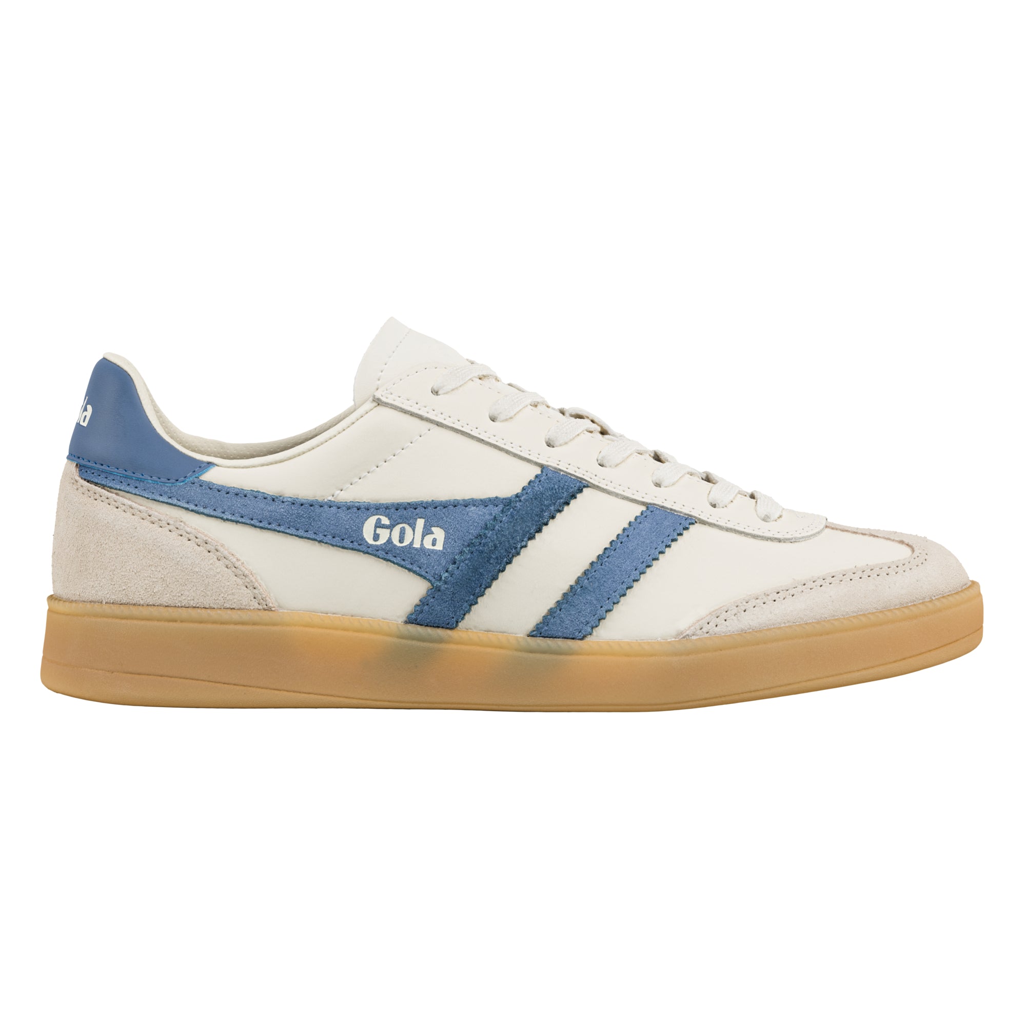 Off white Gola trainer with blue suede side stripes and gum sole