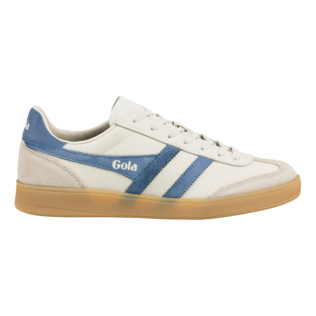 Gola Classics off-white trainer with blue suede side stripes and a gum rubber sole