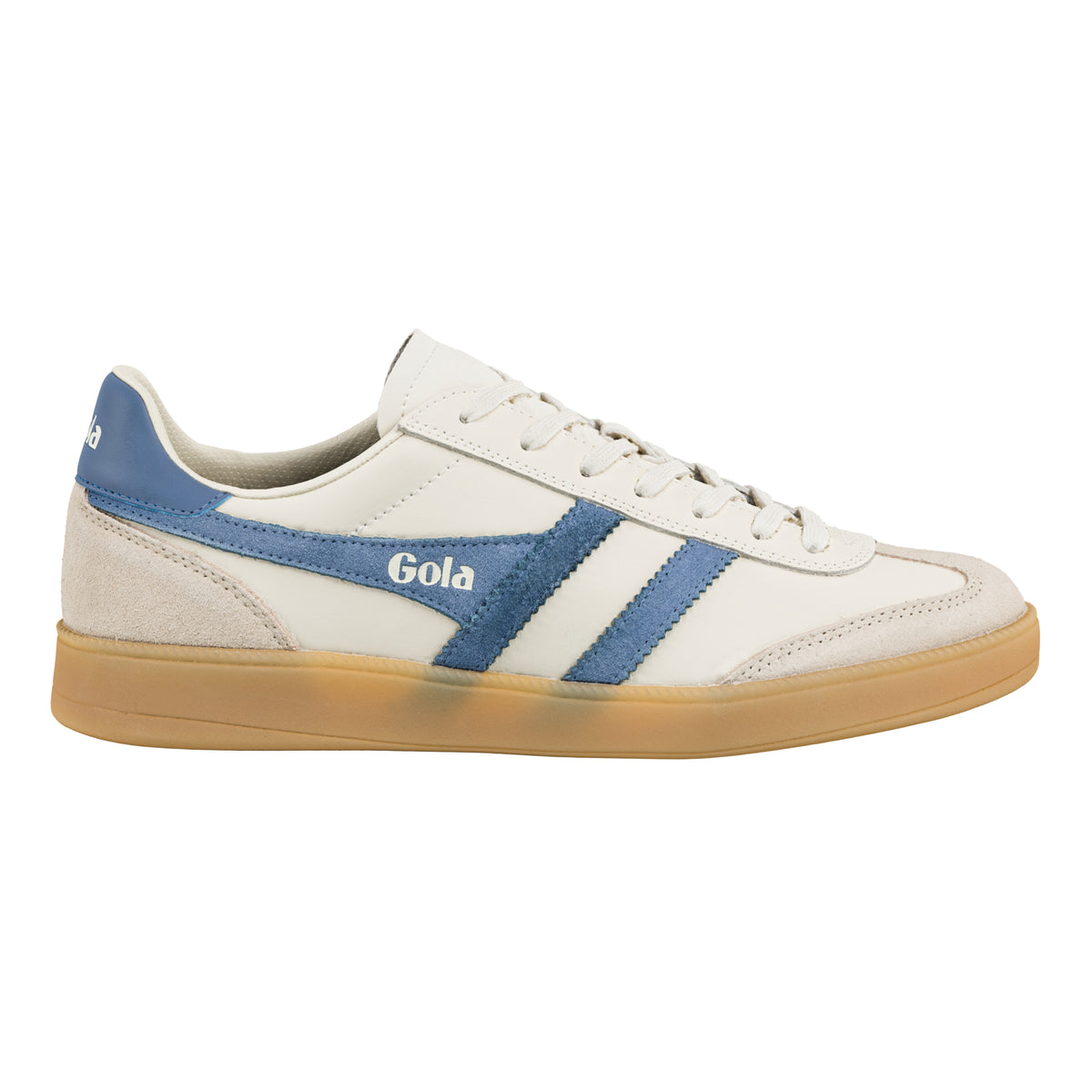 Gola Classics off-white trainer with blue suede side stripes and a gum rubber sole