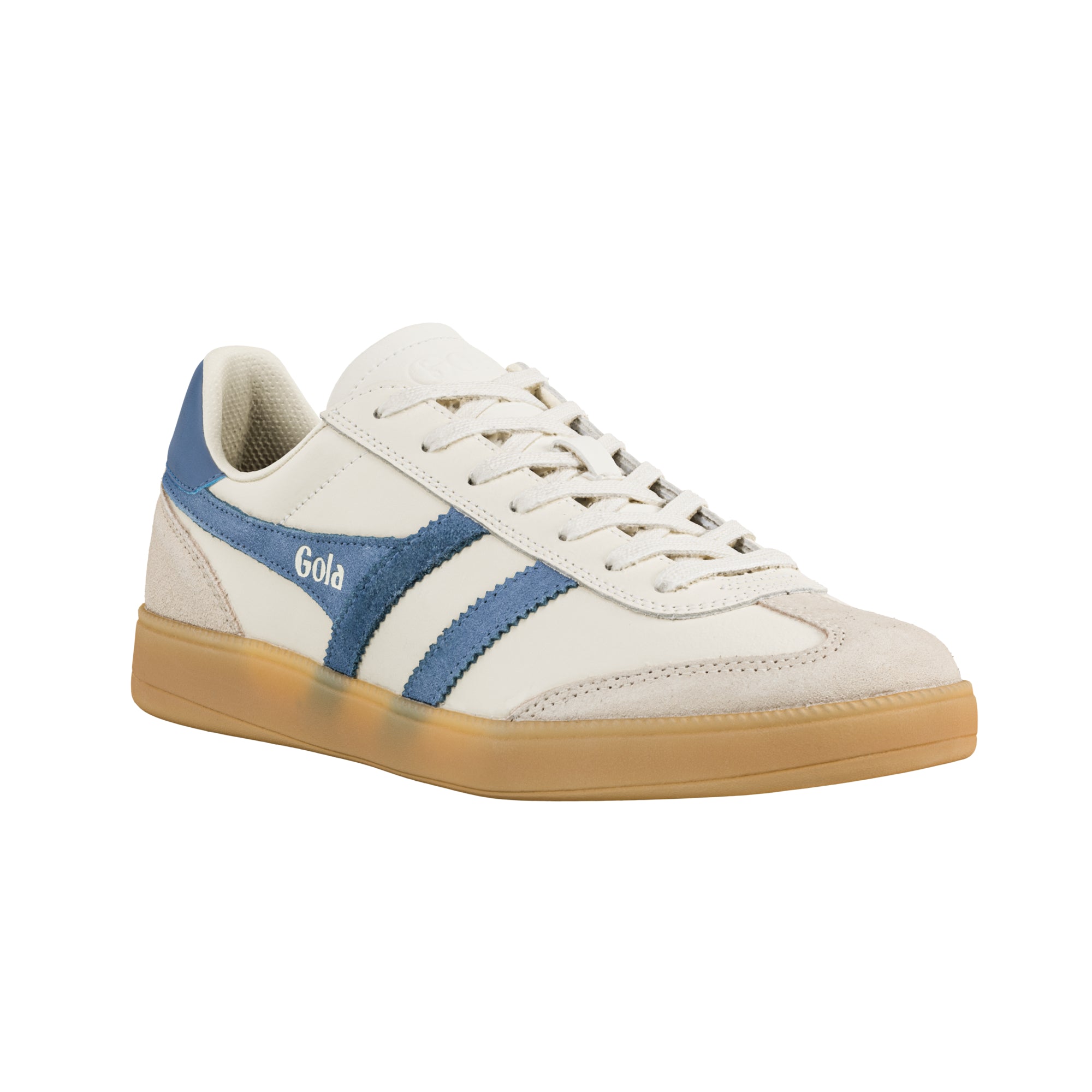 Off-white leather trainer with blue suede detailing and a gum rubber sole