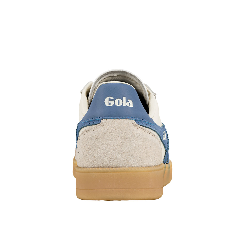 Rear view of a cream and blue Gola trainer with a gum sole