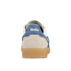 Rear view of a cream and blue Gola trainer with a gum sole