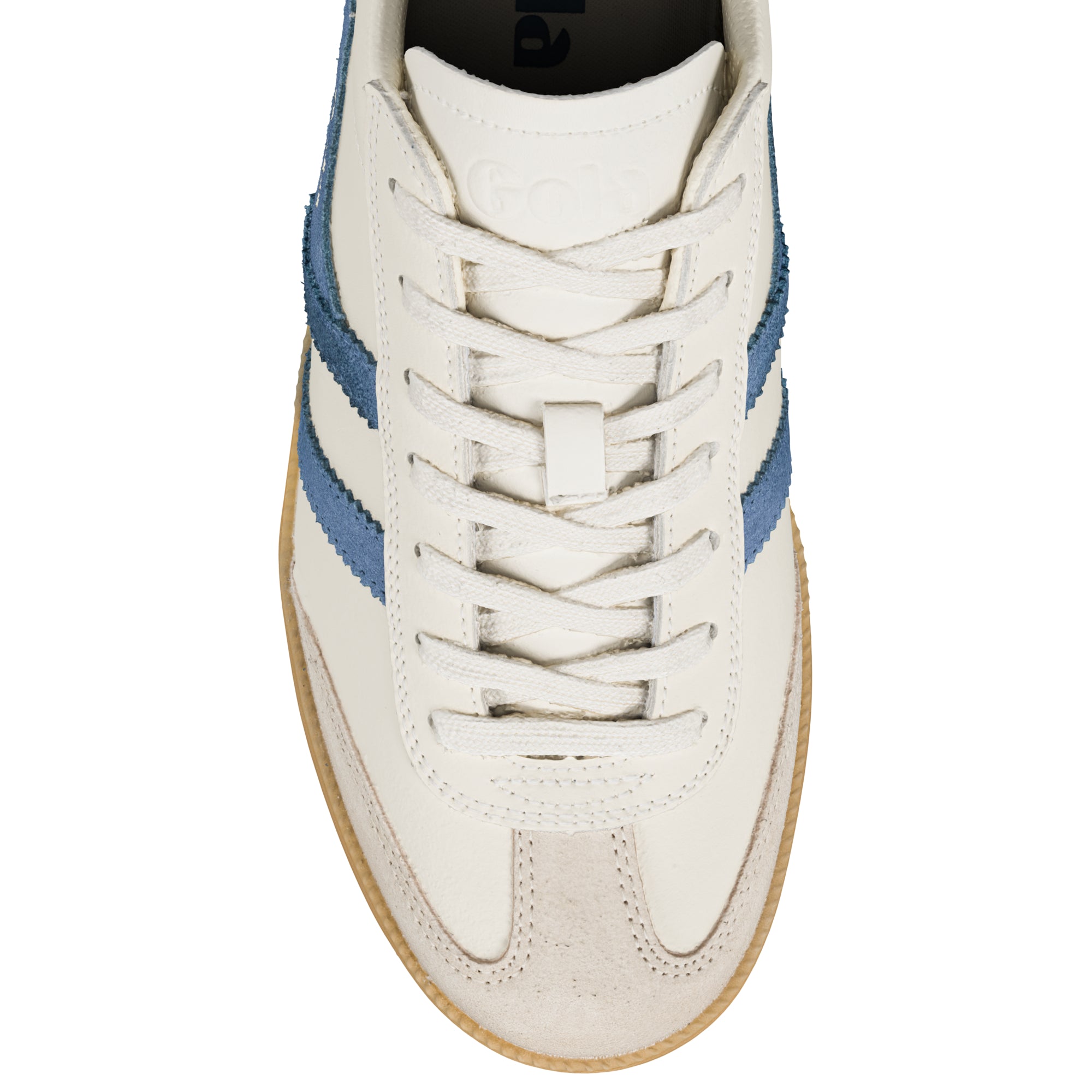 Off white Gola trainer with blue side stripes and gum sole