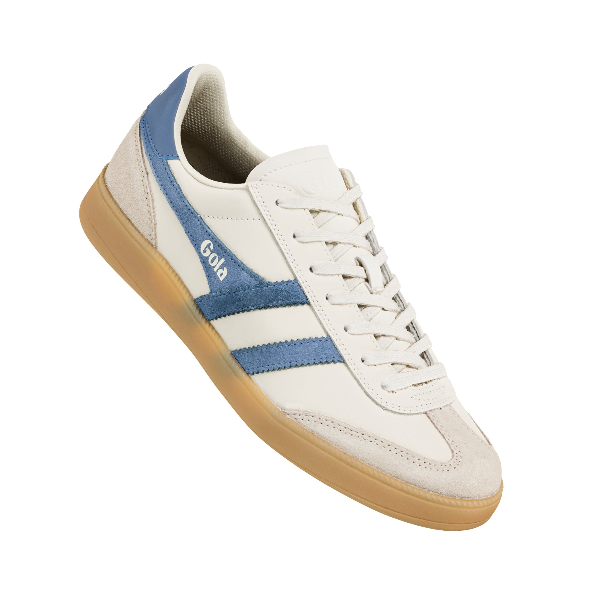 Off-white Gola trainer with blue suede stripes and a gum sole