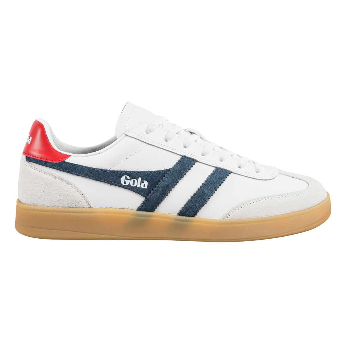Gola Classics white trainer with navy blue side stripes red heel tab and gum sole