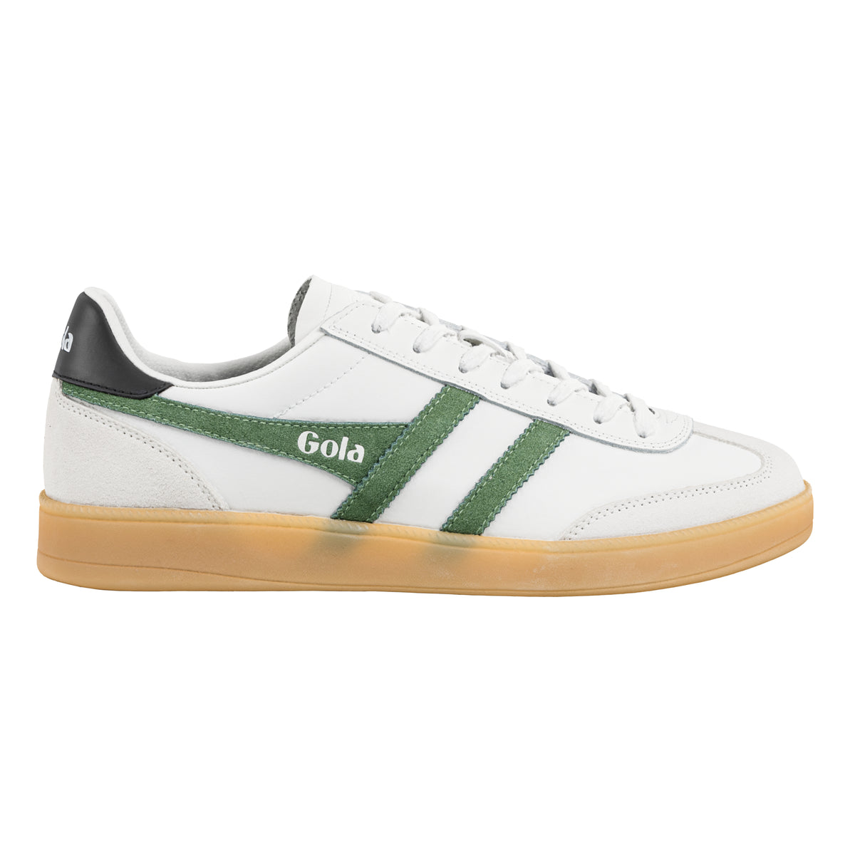 Gola Classics white trainer with green suede stripes and a gum sole