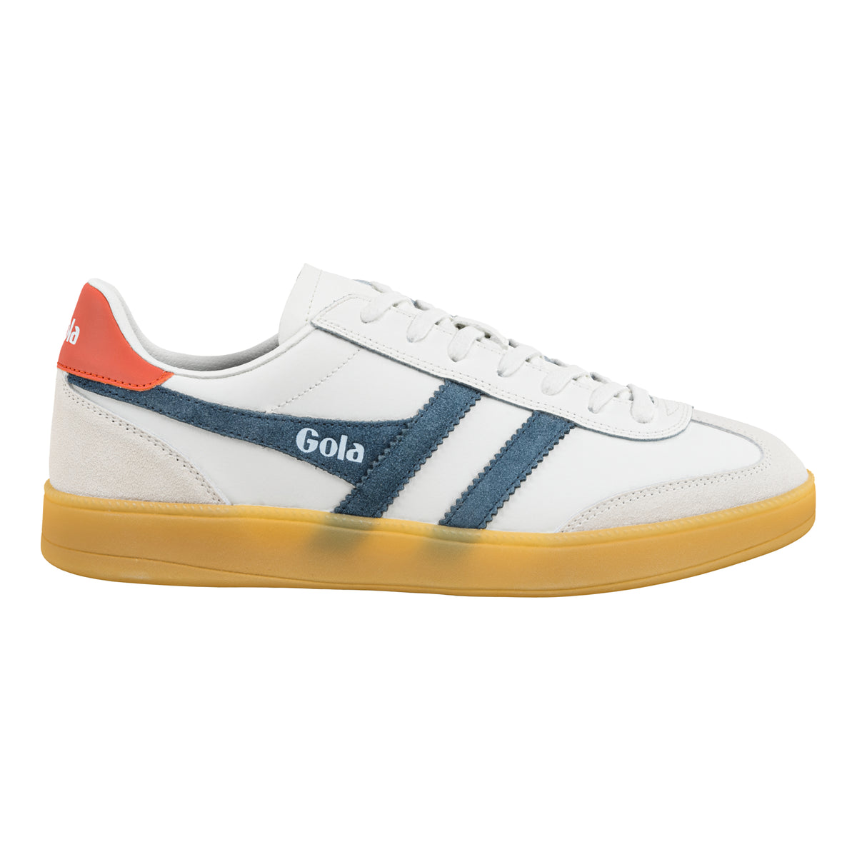 Gola Classics white trainer with blue suede side stripes and orange heel tab on a gum sole