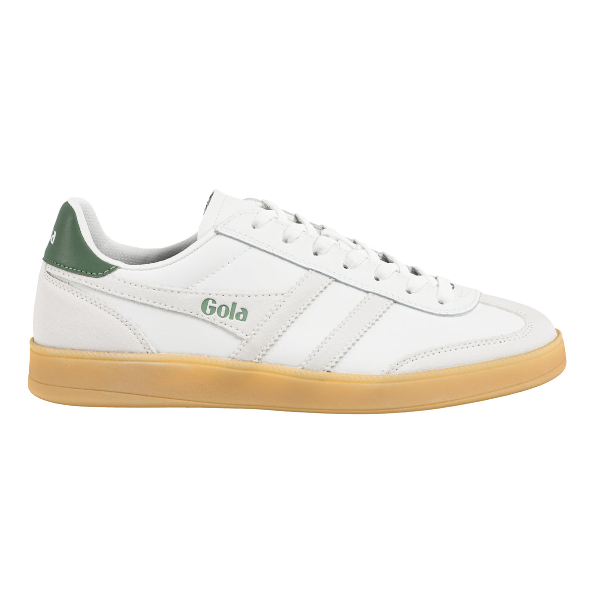 Gola Classics white leather trainer with green heel tab and gum sole