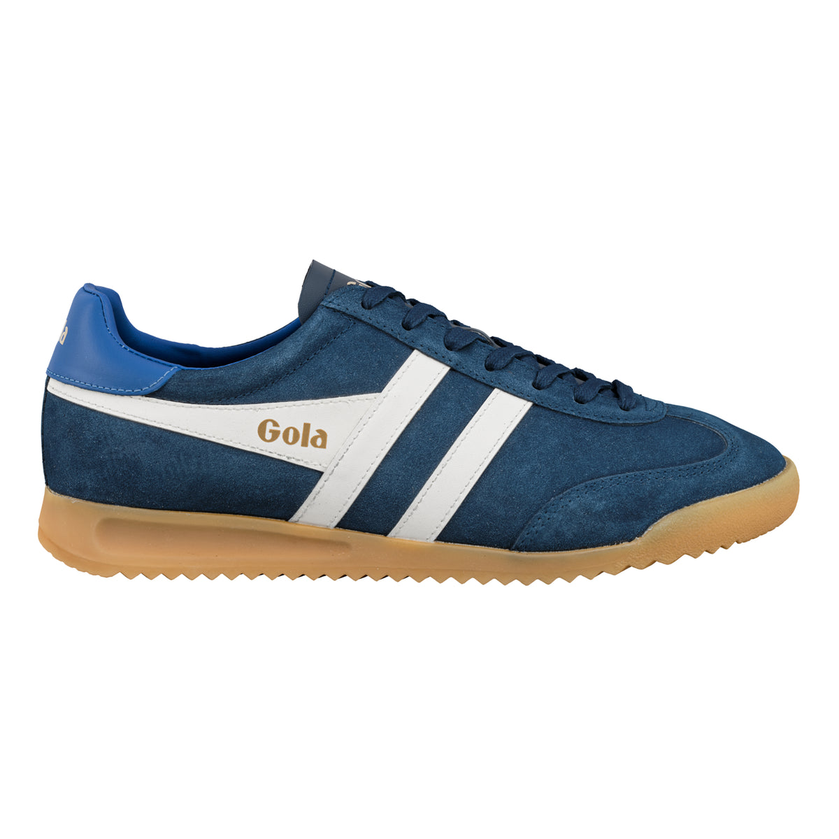Gola Classics navy blue suede trainer with white side stripes and gum sole