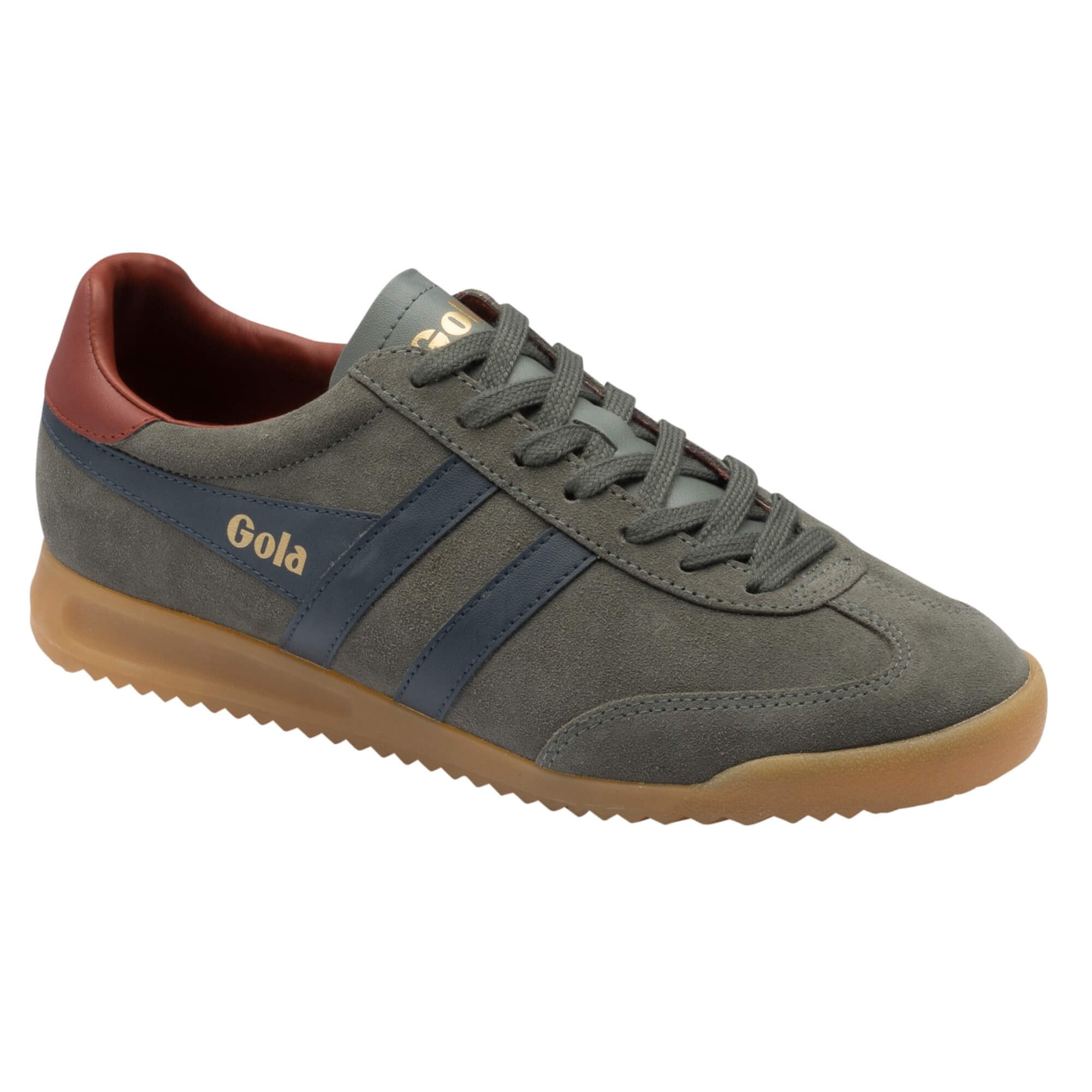 Grey suede Gola trainer with navy side stripes and a gum sole