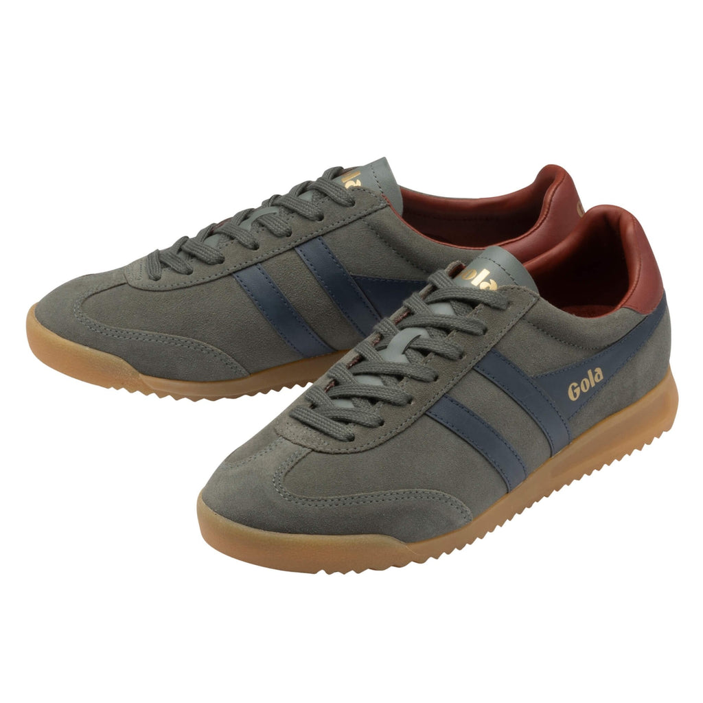 Grey suede Gola trainers with navy side stripes and gum rubber soles