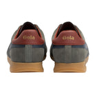 Rear view of grey suede Gola trainers with brown heel tabs and gum soles