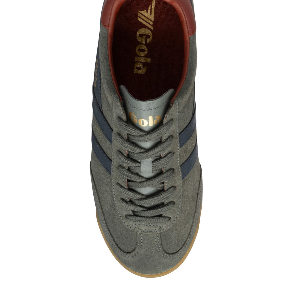 Top view of a grey suede Gola trainer with navy blue side stripes and a gum sole