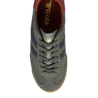 Top view of a grey suede Gola trainer with navy blue side stripes and a gum sole