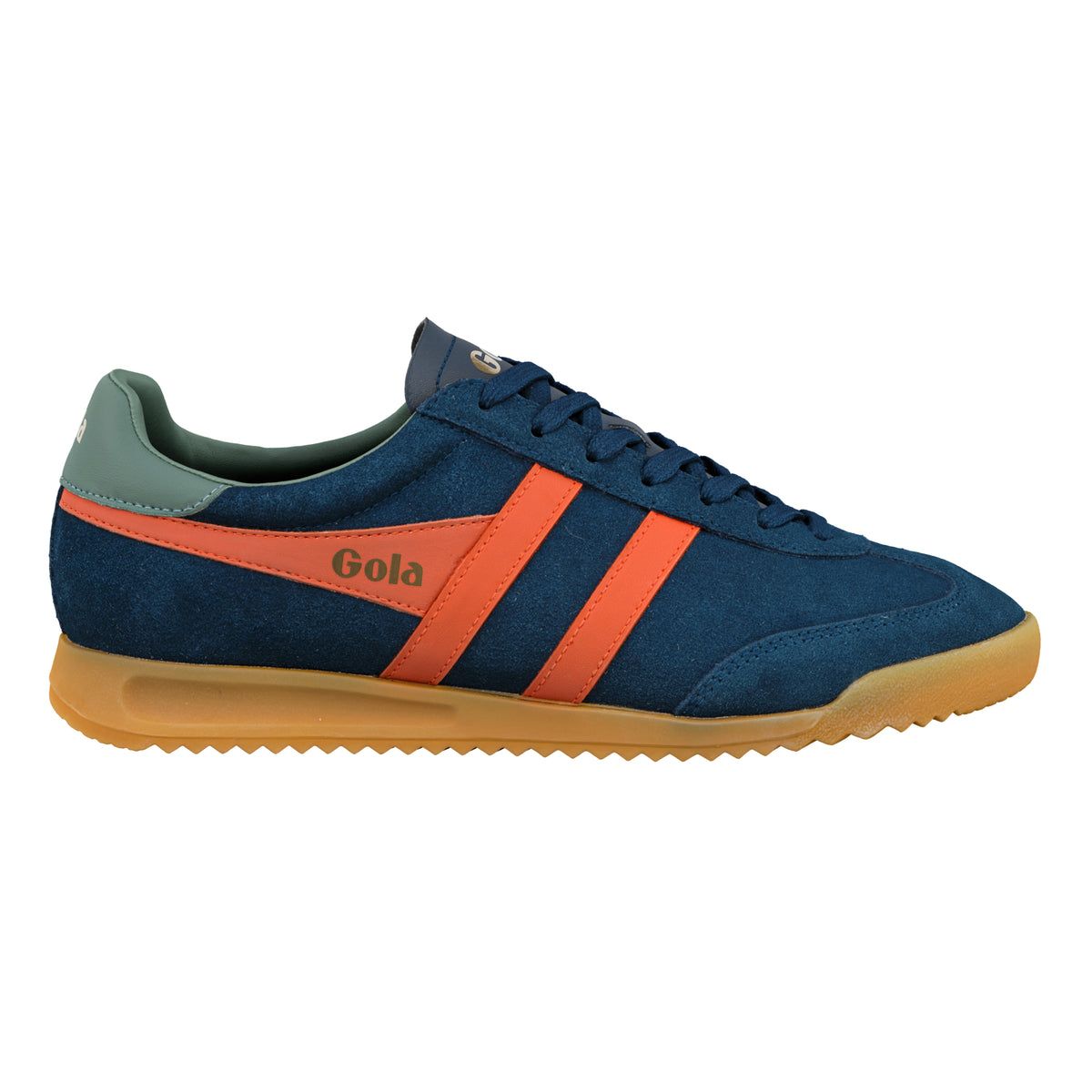 Gola Classics navy suede trainer with orange side stripes and gum sole
