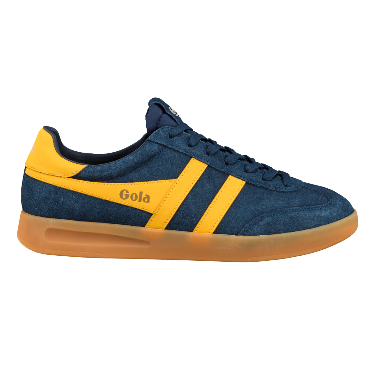 Gola Classics navy suede trainer with yellow side stripes and gum sole