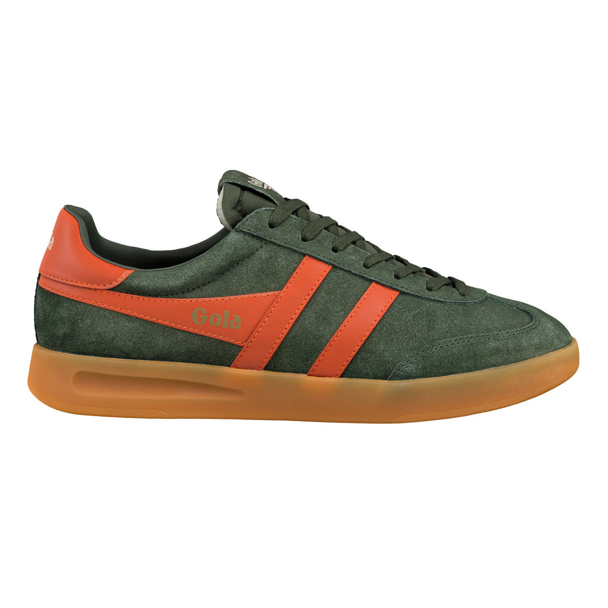 Gola Classics olive green suede trainer with orange side stripes and gum sole