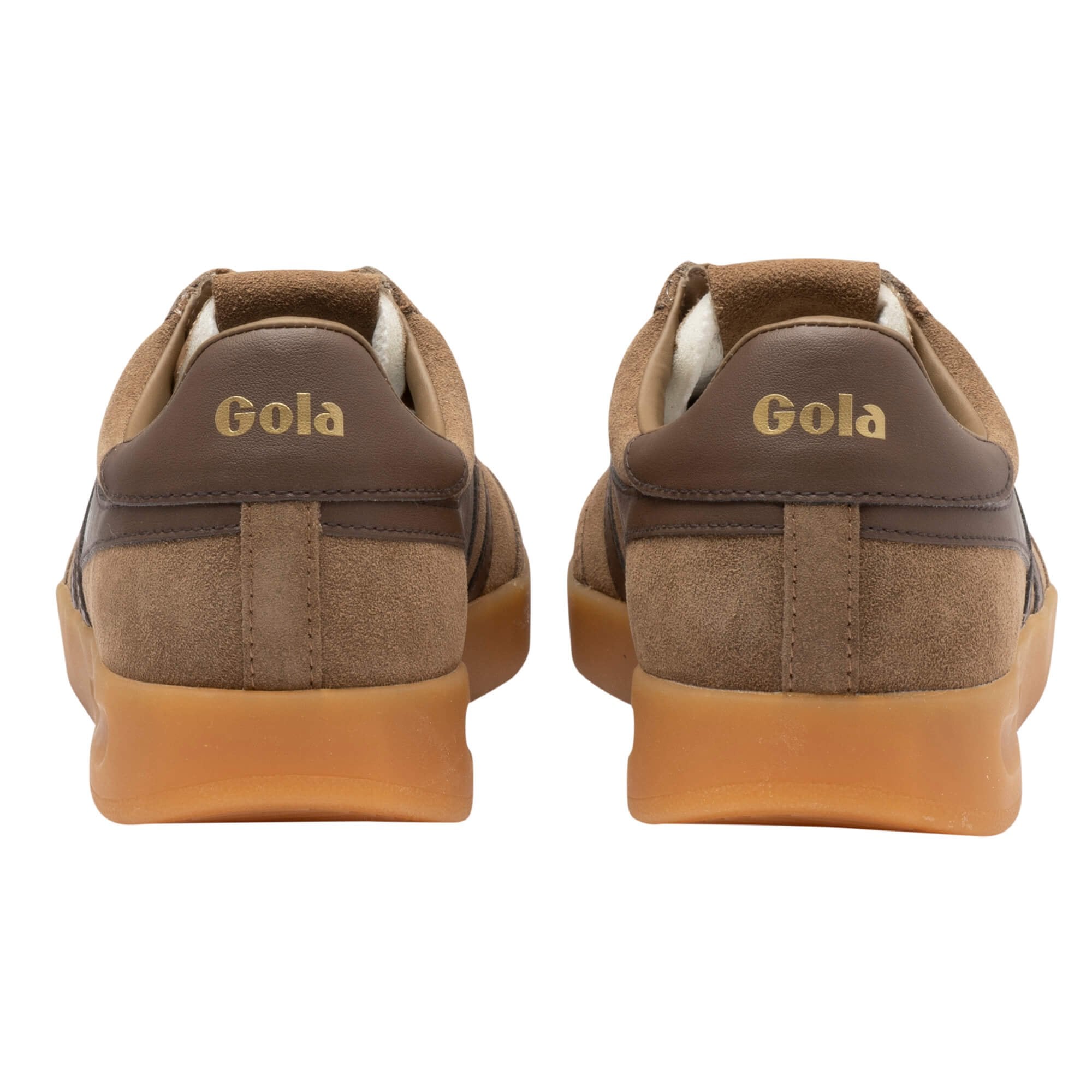 Rear view of brown suede Gola trainers with gum soles