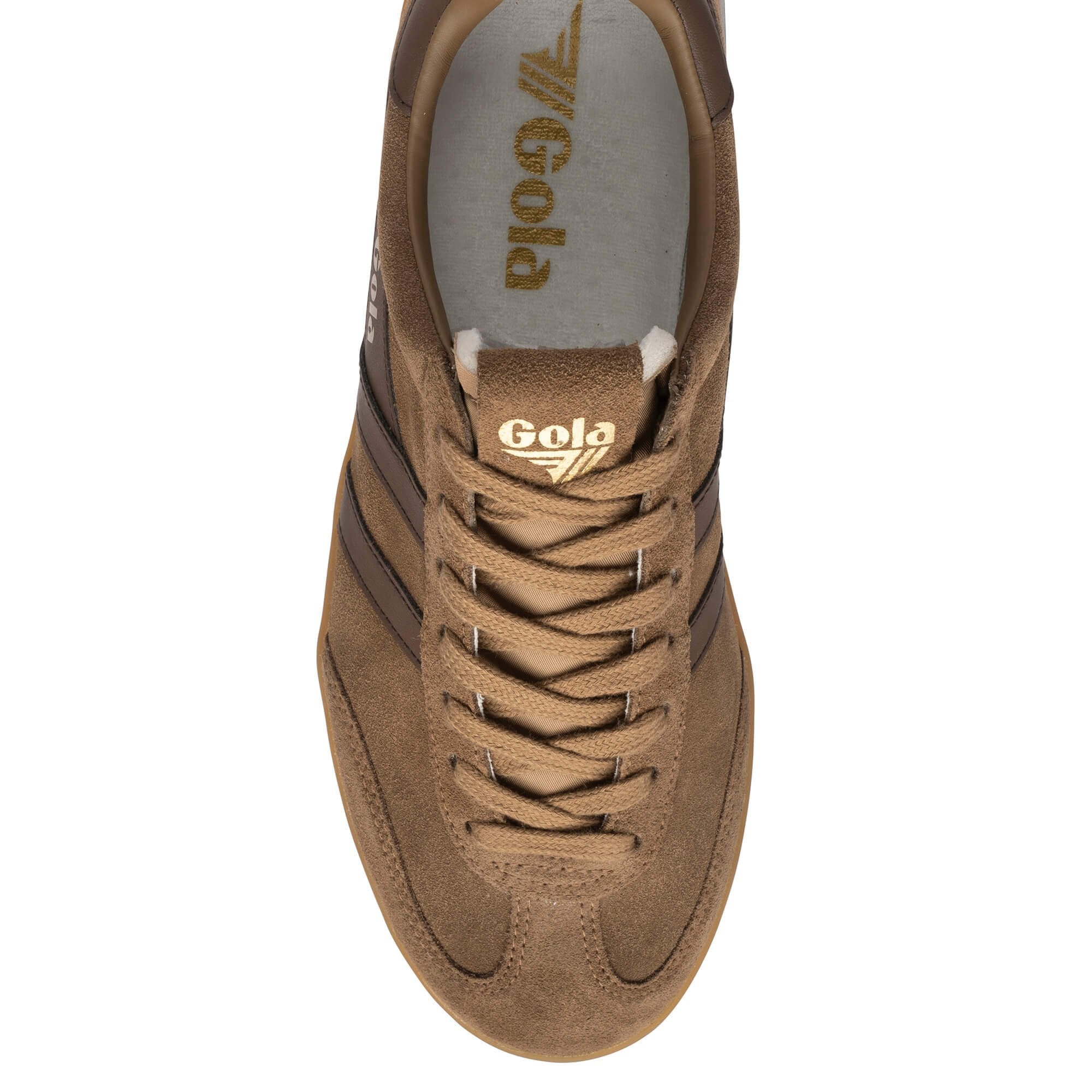 Top view of a brown suede Gola trainer with matching laces and gum sole