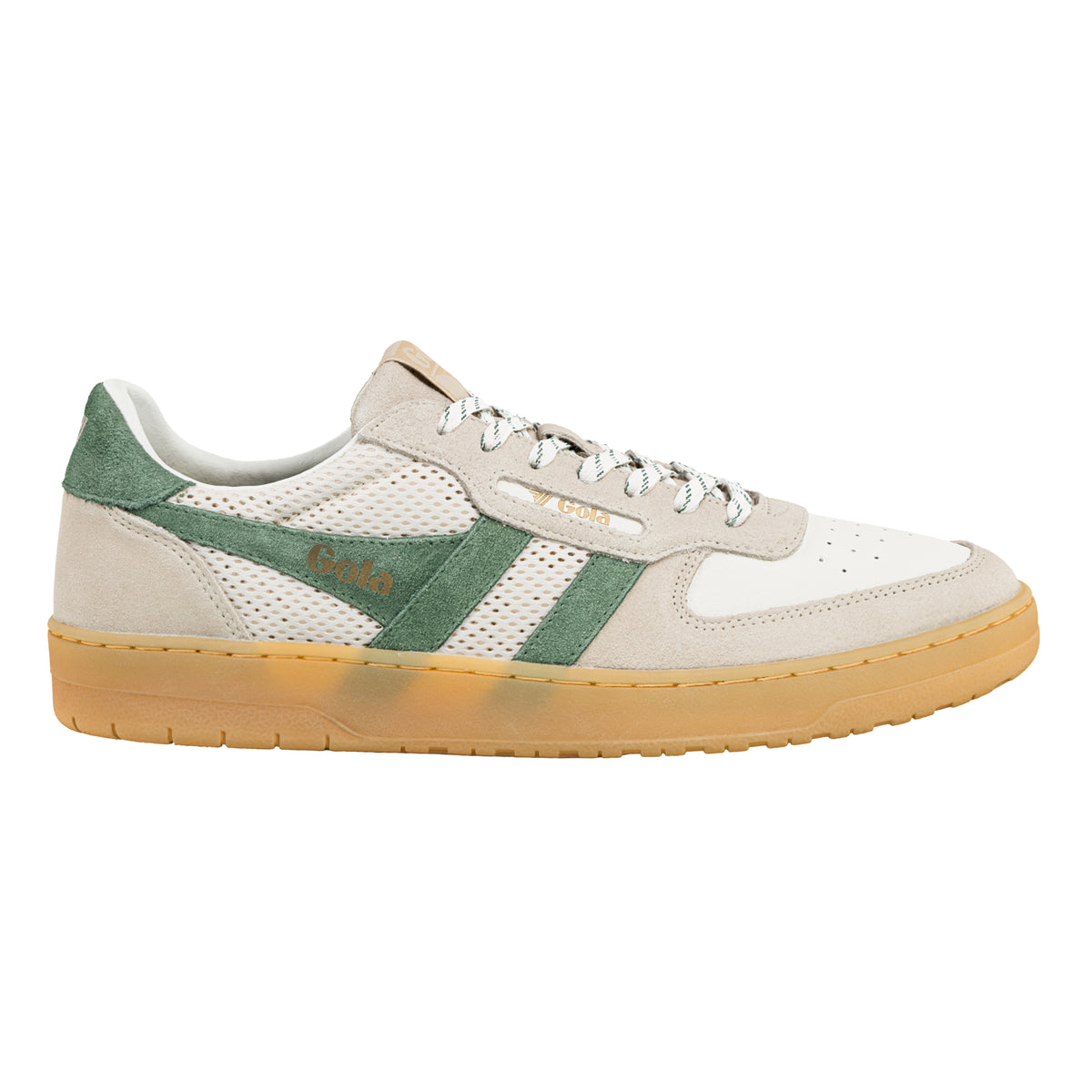 Gola Classics off-white and green suede and mesh trainer with a gum sole