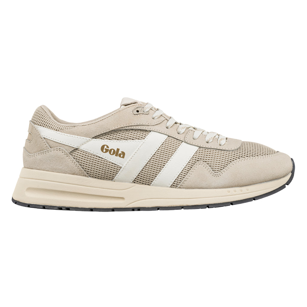 Beige Gola trainer with white side stripes and mesh detailing