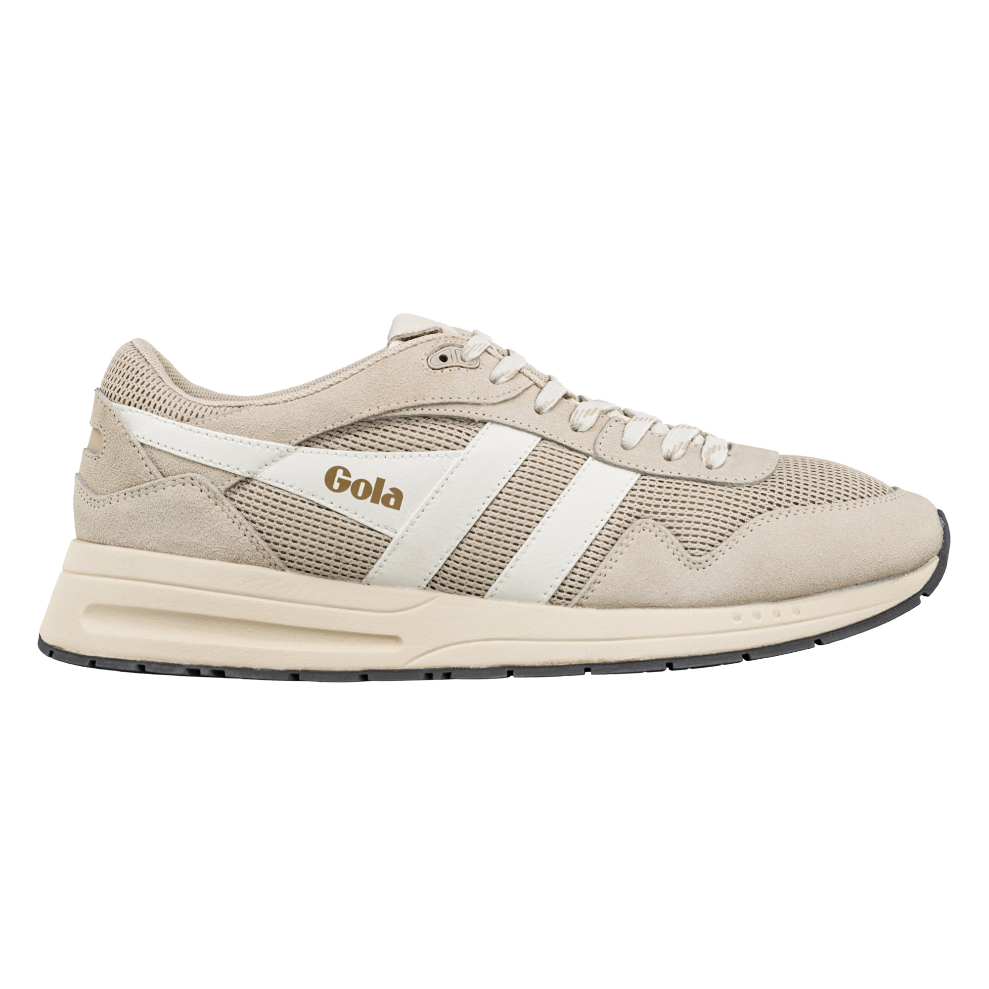 Beige Gola trainer with white side stripes and mesh detailing