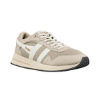 Beige Gola trainer with white side stripes and mesh panels