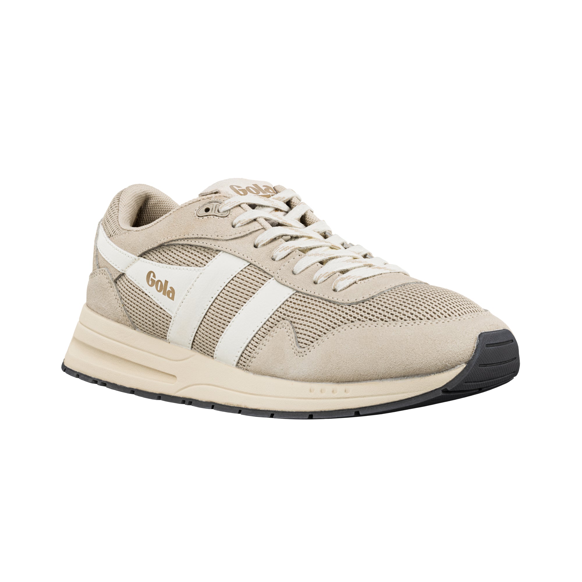Beige Gola trainer with white side stripes and mesh panels