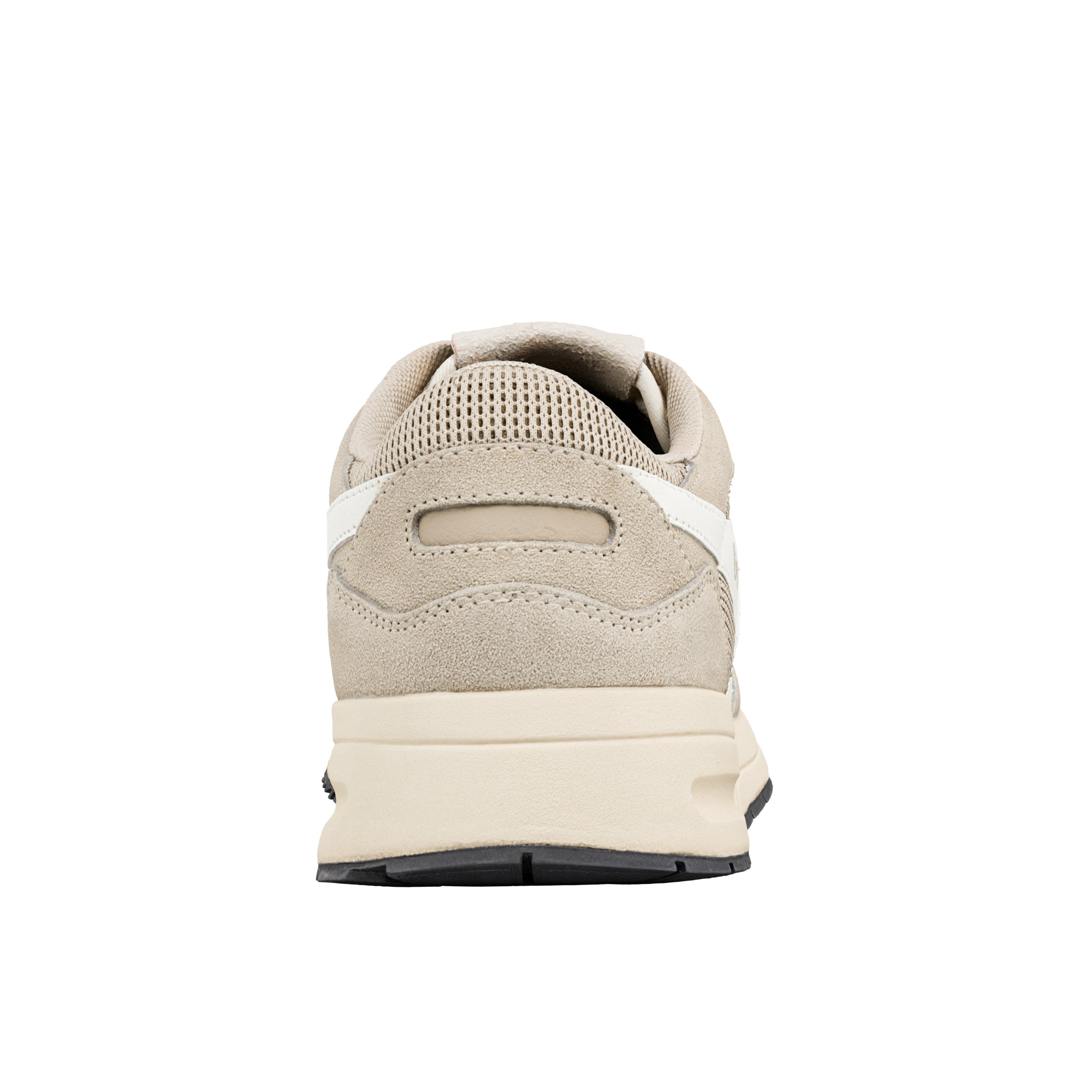 Rear view of a beige suede trainer with a cream midsole and black rubber outsole