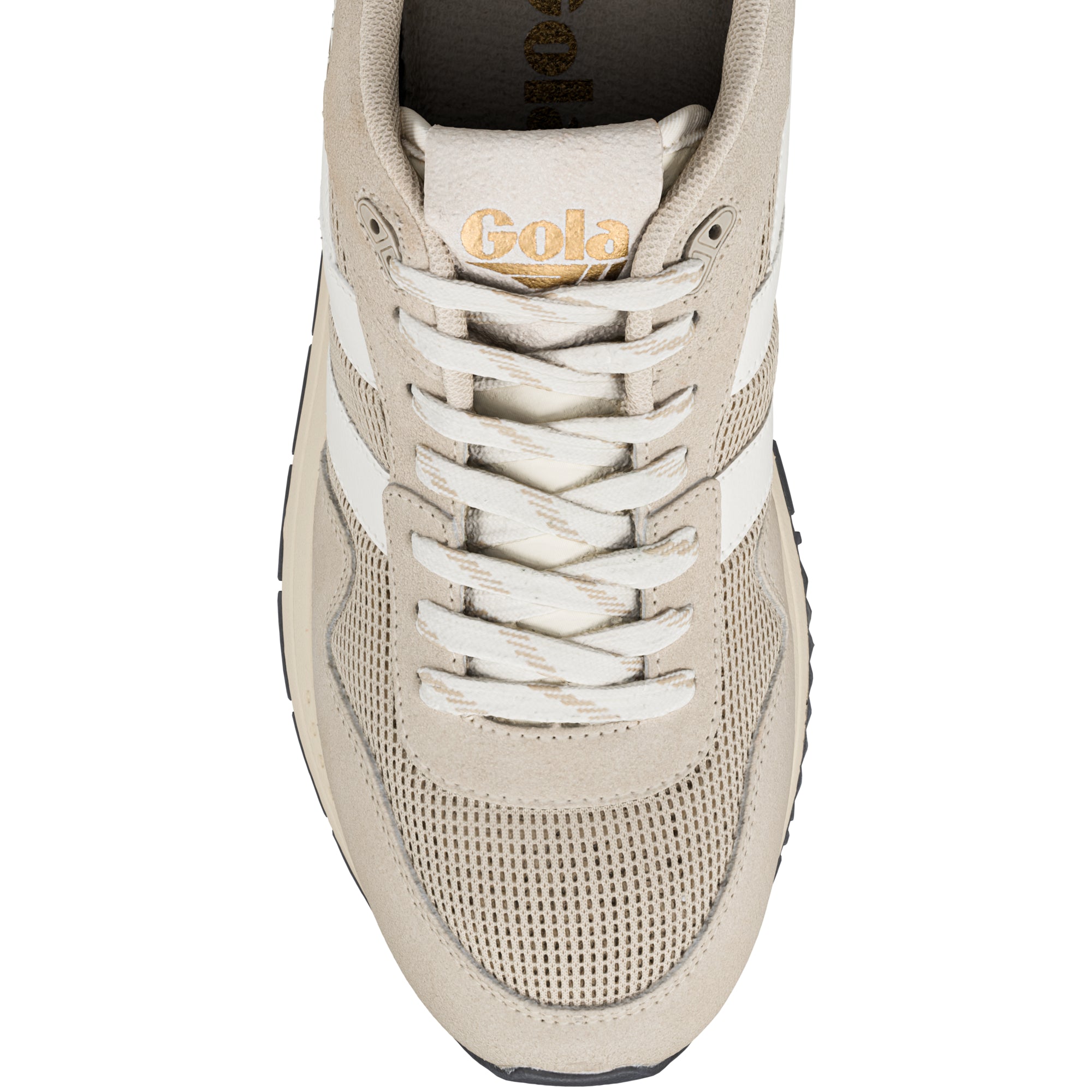 Top view of a beige Gola trainer with white laces and mesh detailing