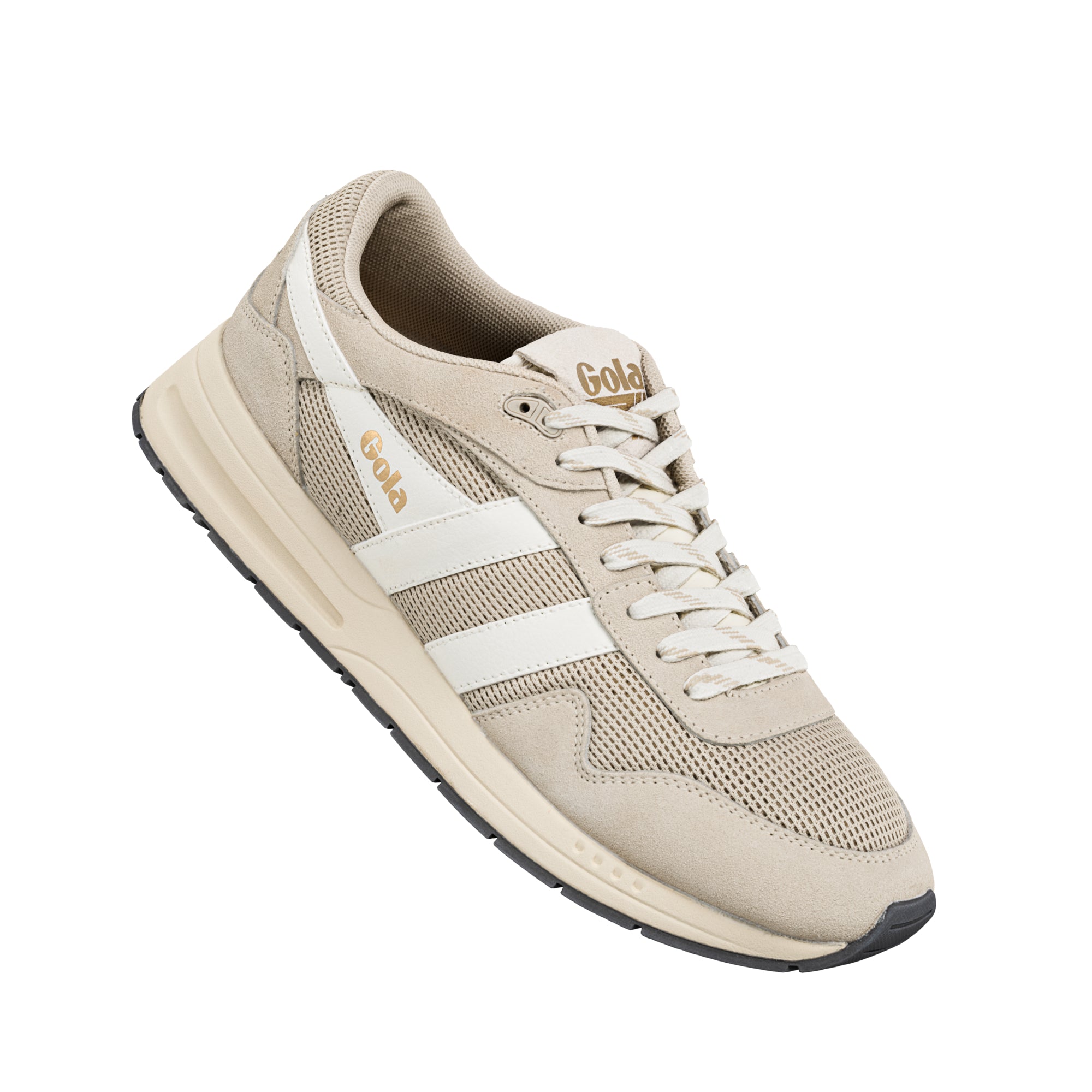 Beige Gola trainer with white side stripes and lace up fastening