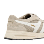Close up of beige suede and mesh trainer with white side stripe and Gola branding