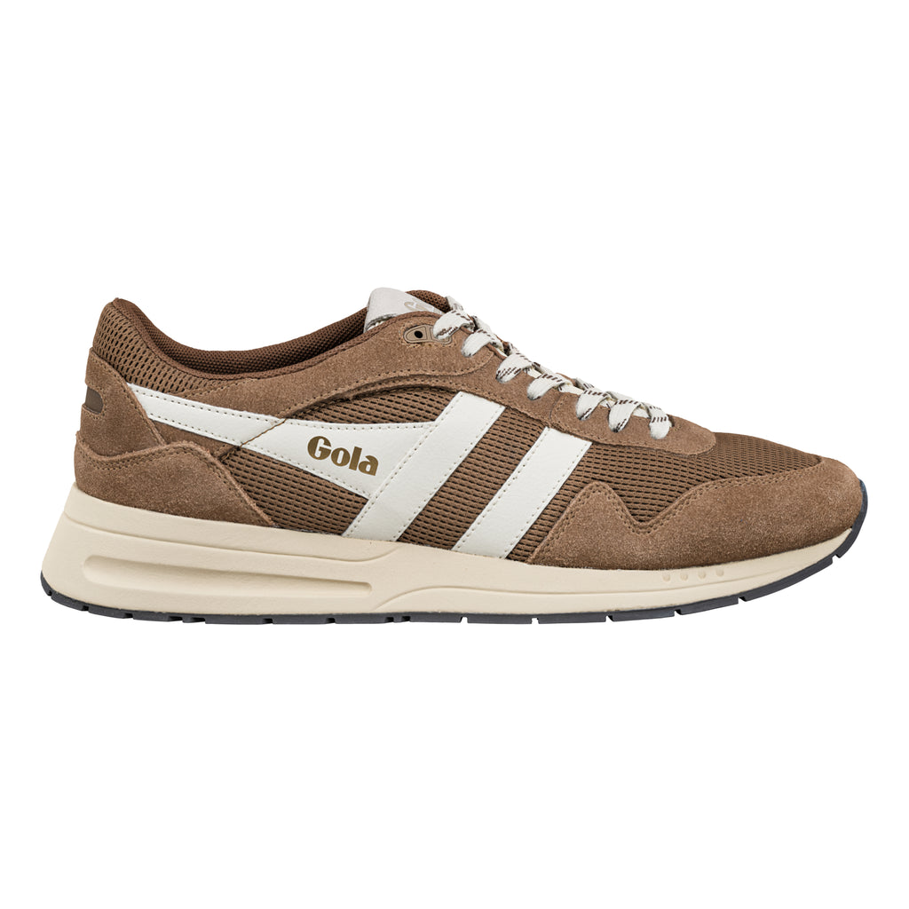 Gola Classics brown suede and mesh trainer with white side stripes and cream sole