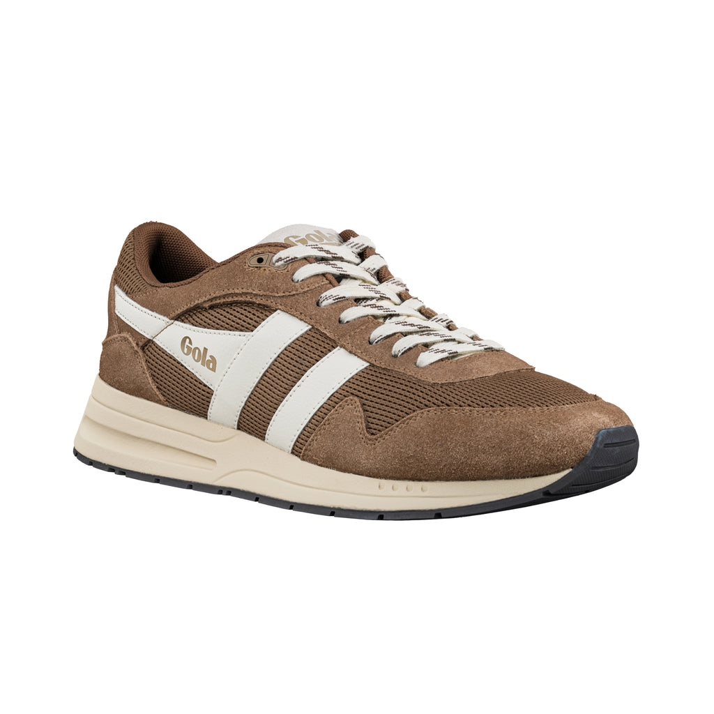 Brown and cream Gola suede and mesh trainer with white side stripes and lace up fastening