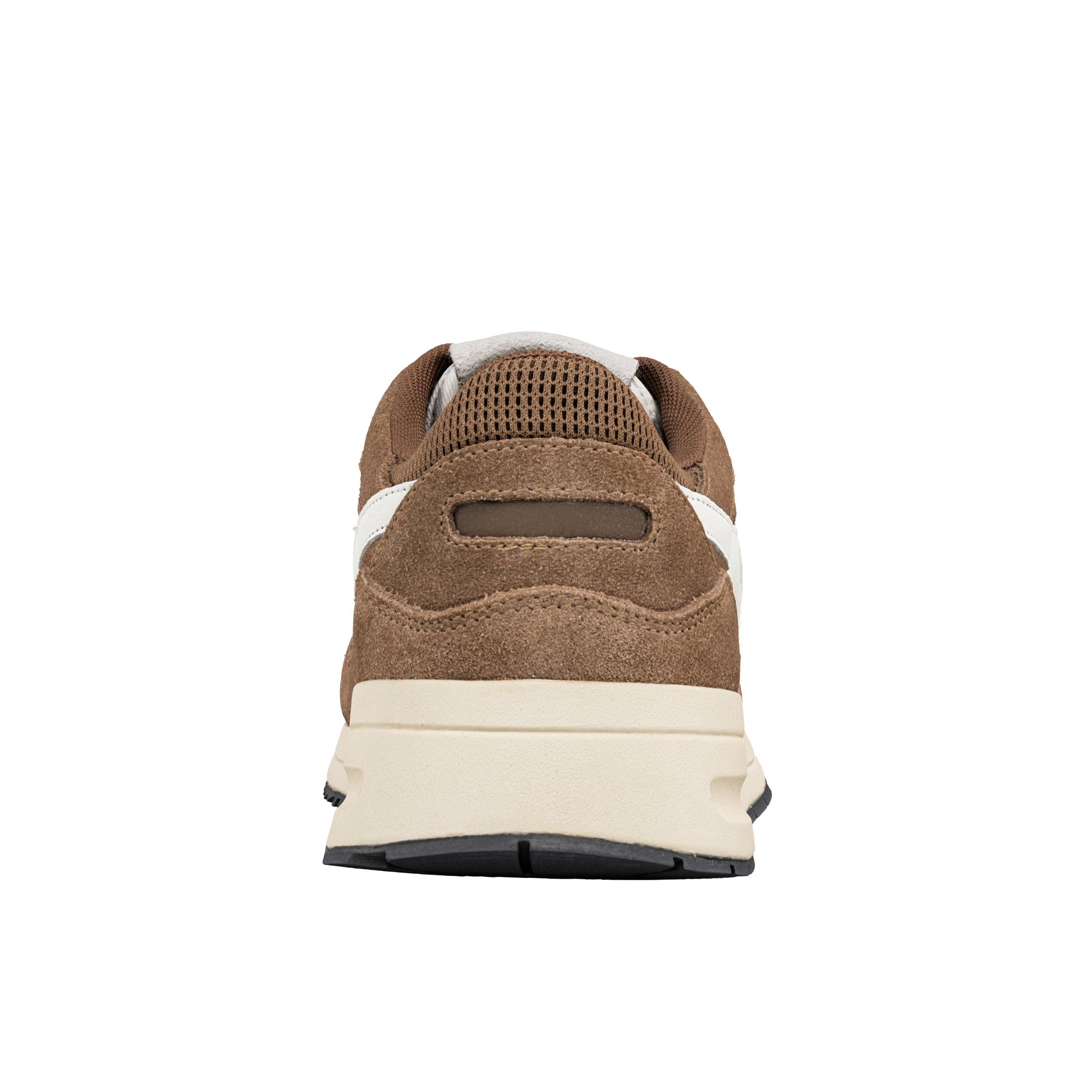 Rear view of a brown suede trainer with a cream midsole and black rubber sole