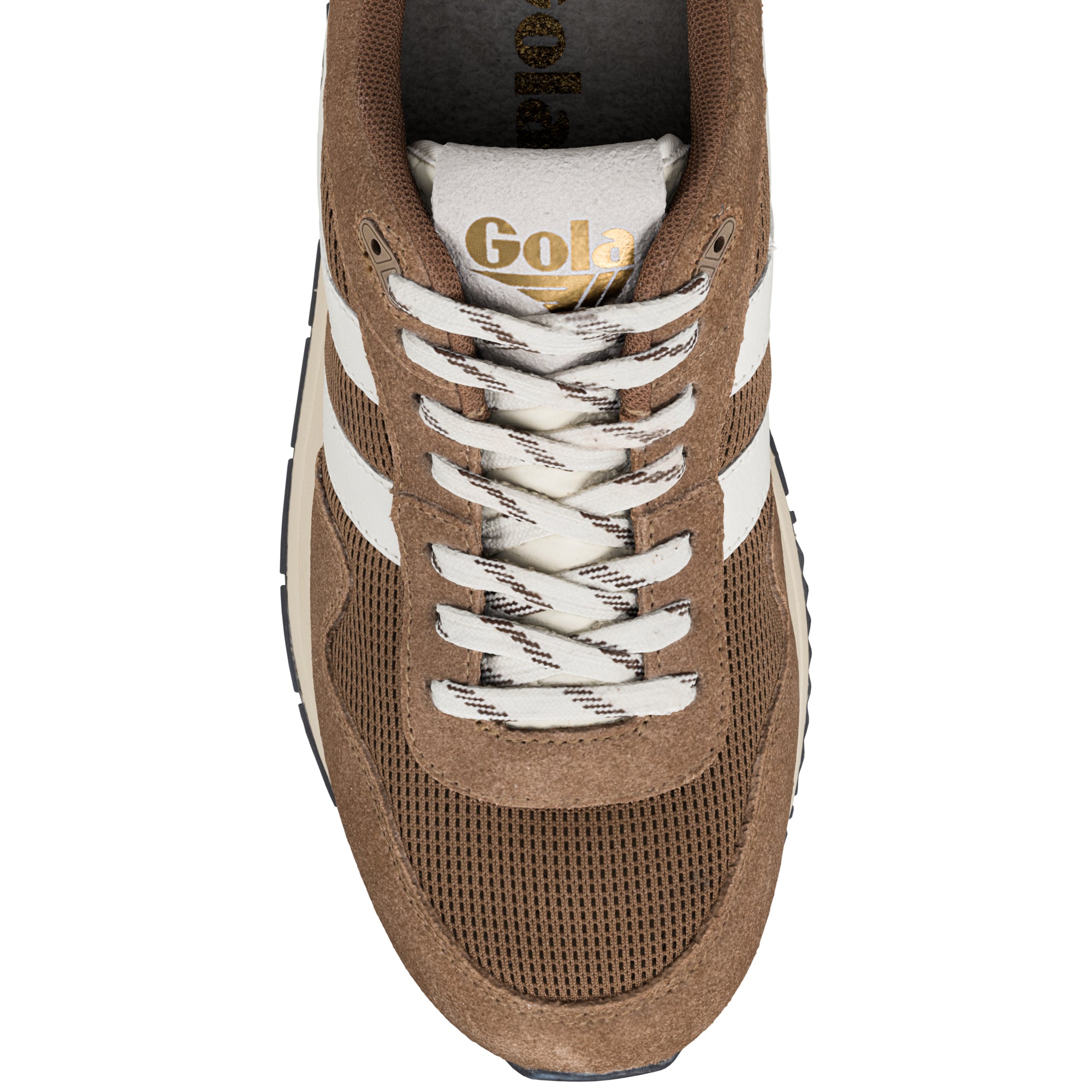 Top view of a brown suede and mesh trainer with white side stripes and white laces