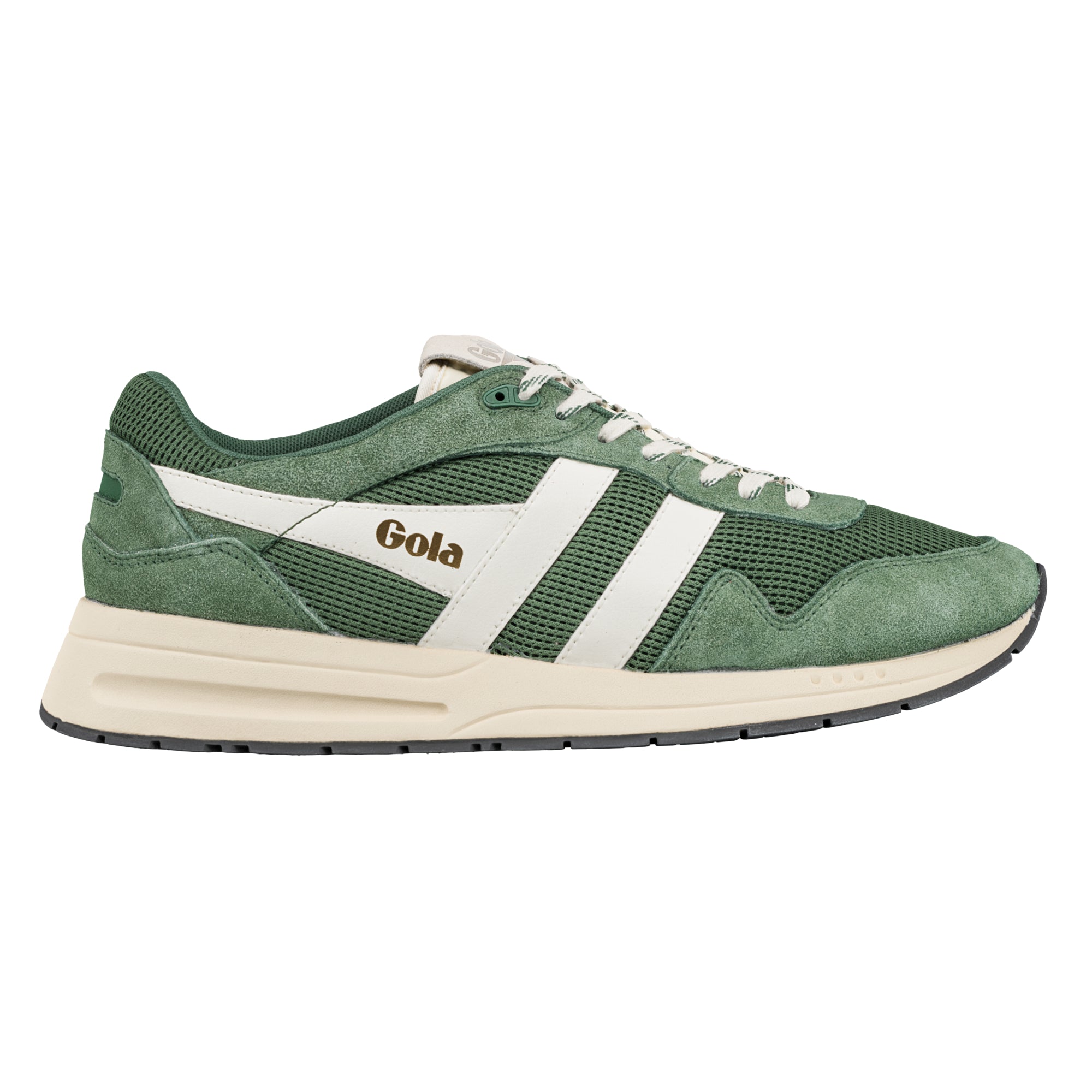 Green and white Gola trainer with suede and mesh upper and cream sole
