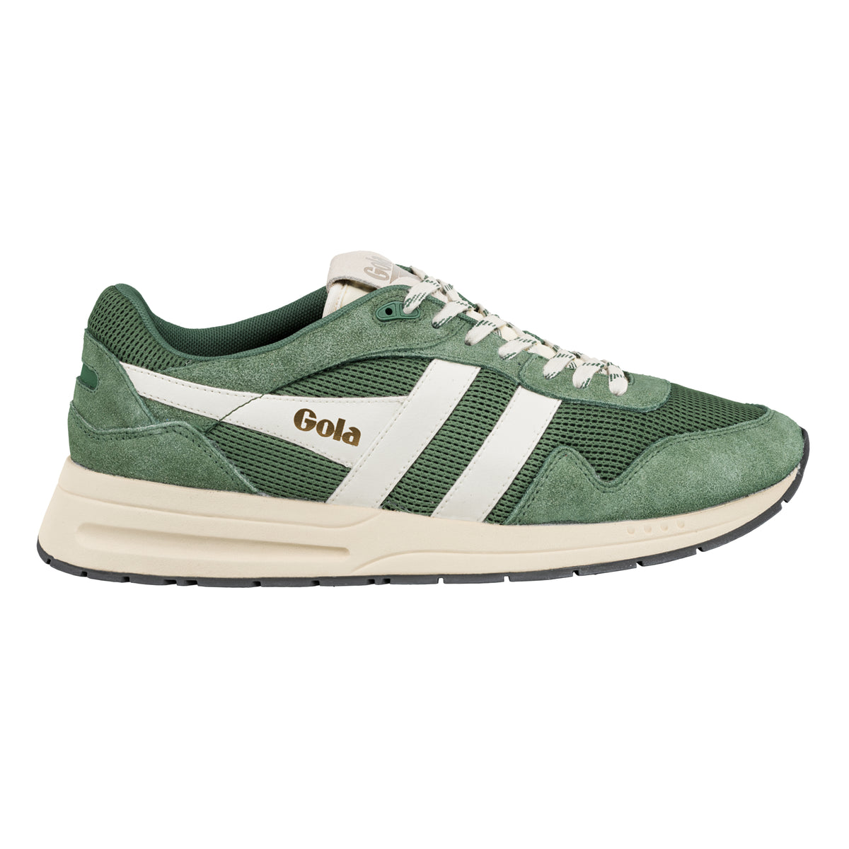 Gola Classics green suede and mesh trainer with white side stripes and cream sole