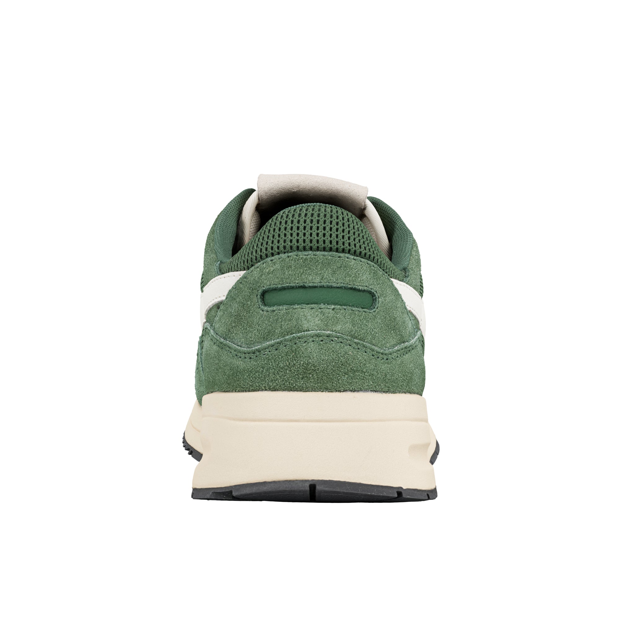Rear view of a green suede trainer with a cream midsole