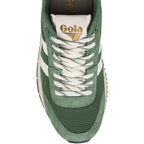 Top view of a green Gola trainer with white laces and side stripes