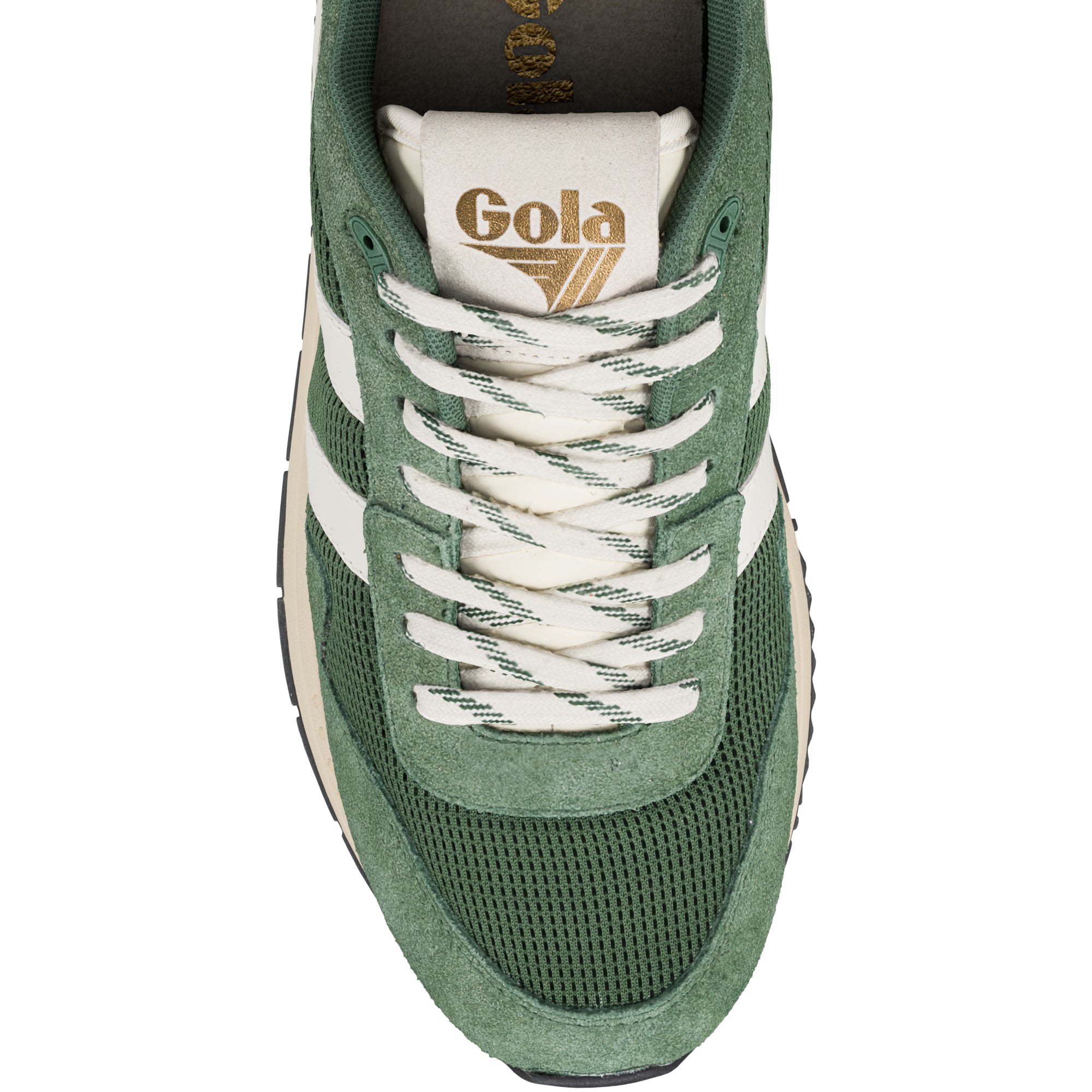 Top view of a green Gola trainer with white laces and side stripes