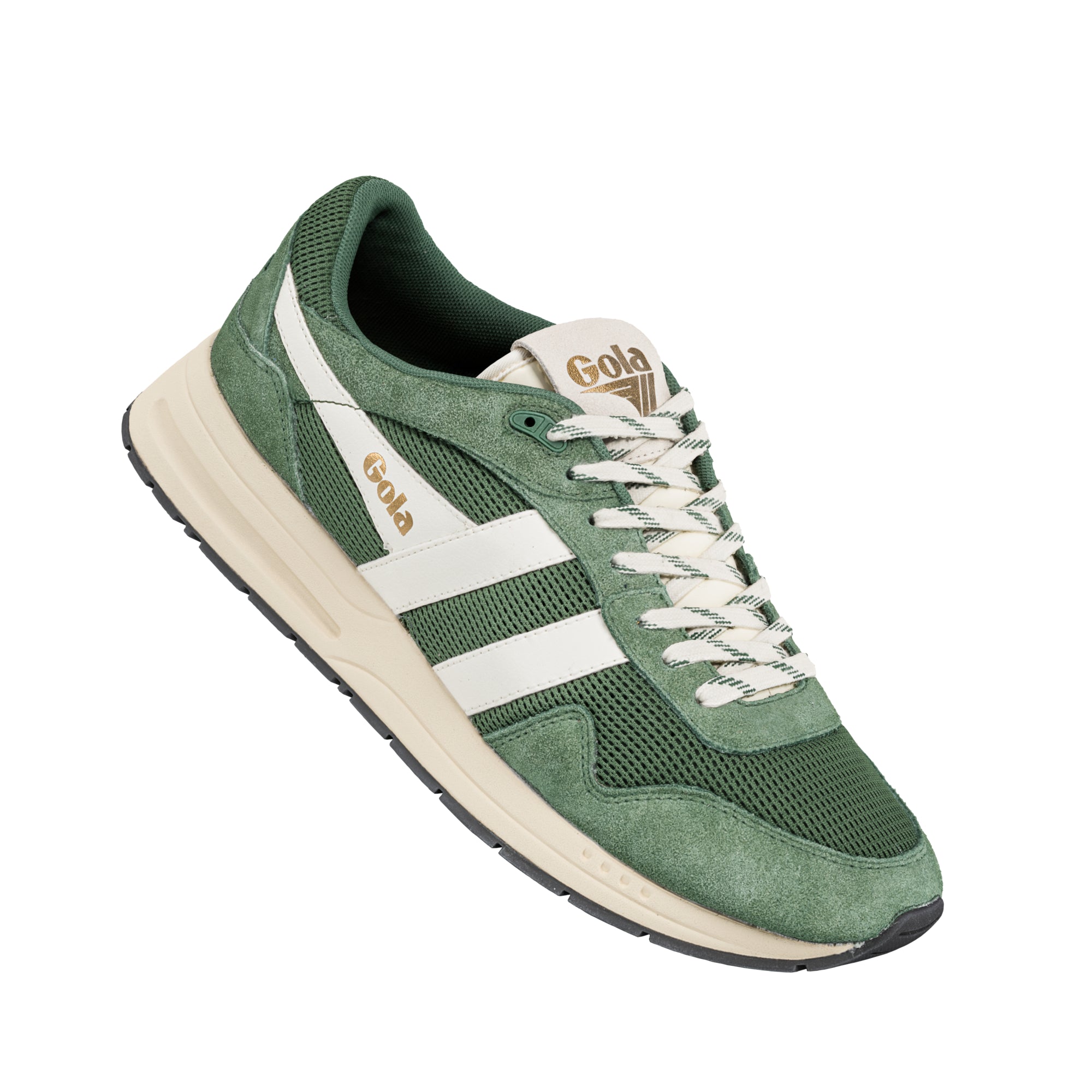 Green and cream Gola trainer with suede and mesh upper and white laces
