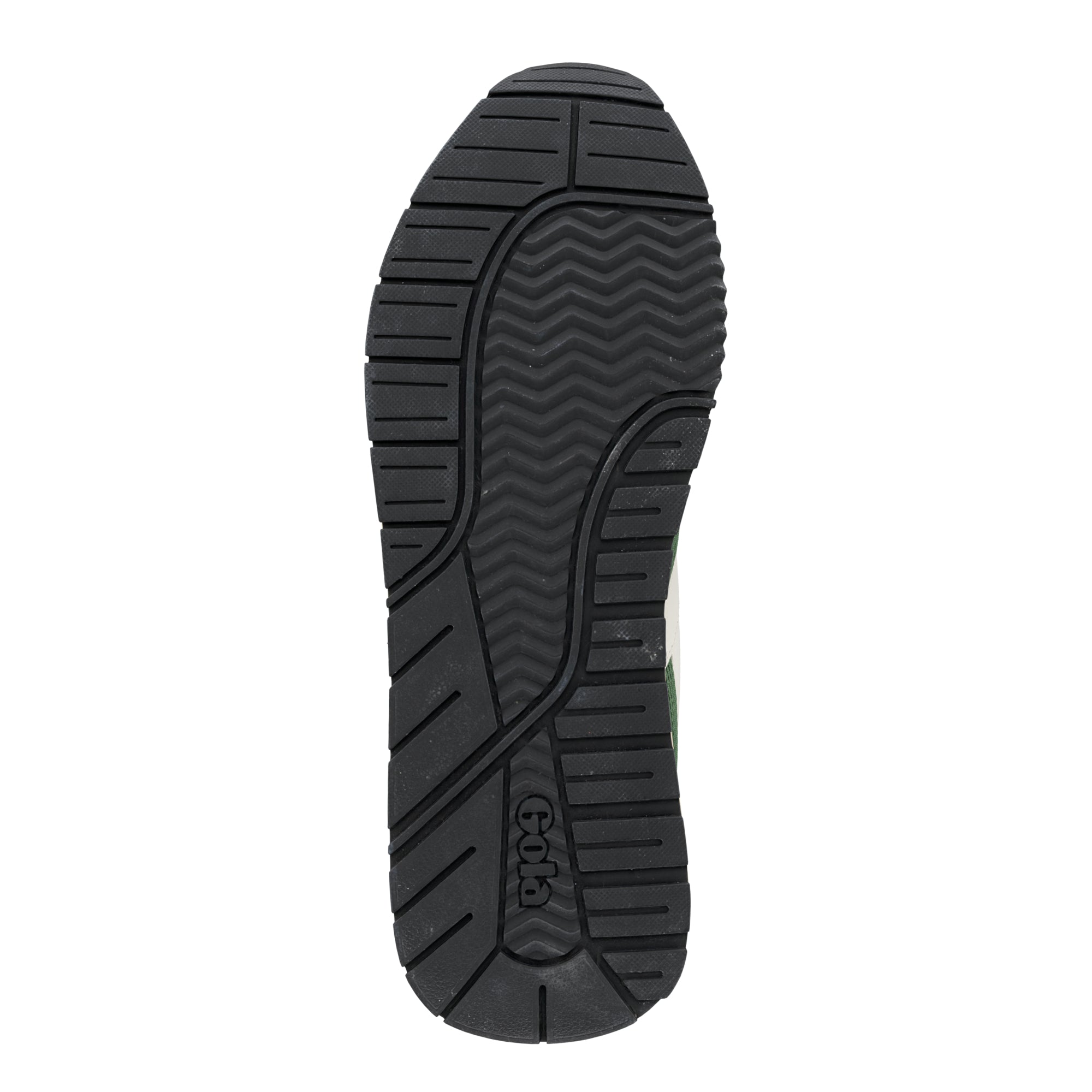 Black rubber trainer sole with a textured tread pattern and Gola branding
