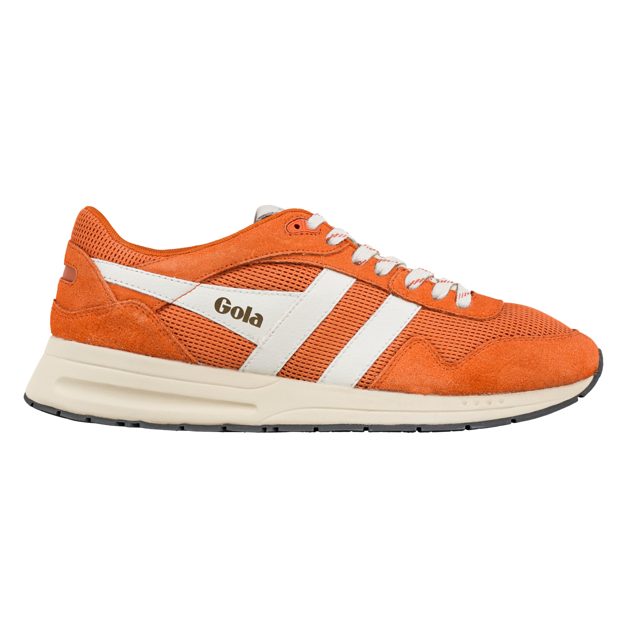 Orange suede and mesh trainer with white side stripes and cream sole